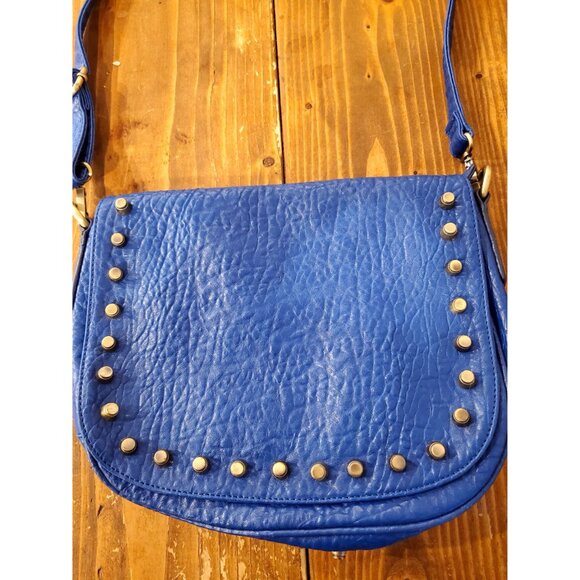 Blue Faux Leather Crossbody Bag Studded Flap Adjustable Strap Steam Punk - Picture 2 of 10